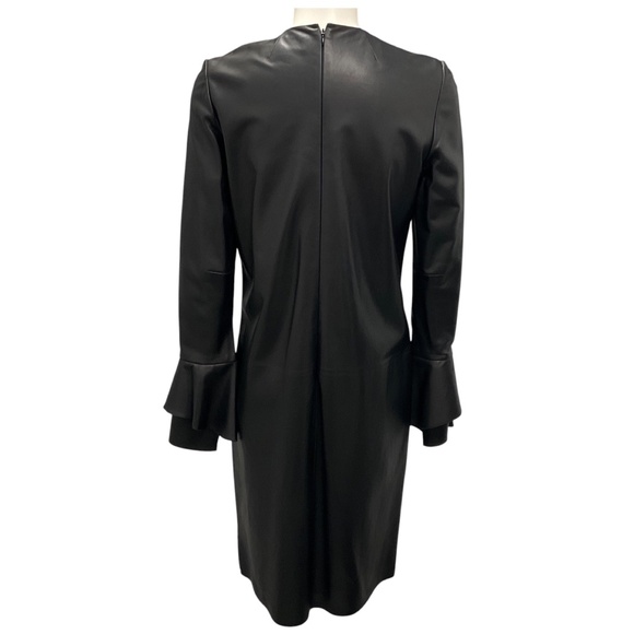 RALPH LAUREN COLLECTION BLACK RUFFLED DETAIL LAMBSKIN LEATHER DRESS WITH VELVET - Picture 3 of 5